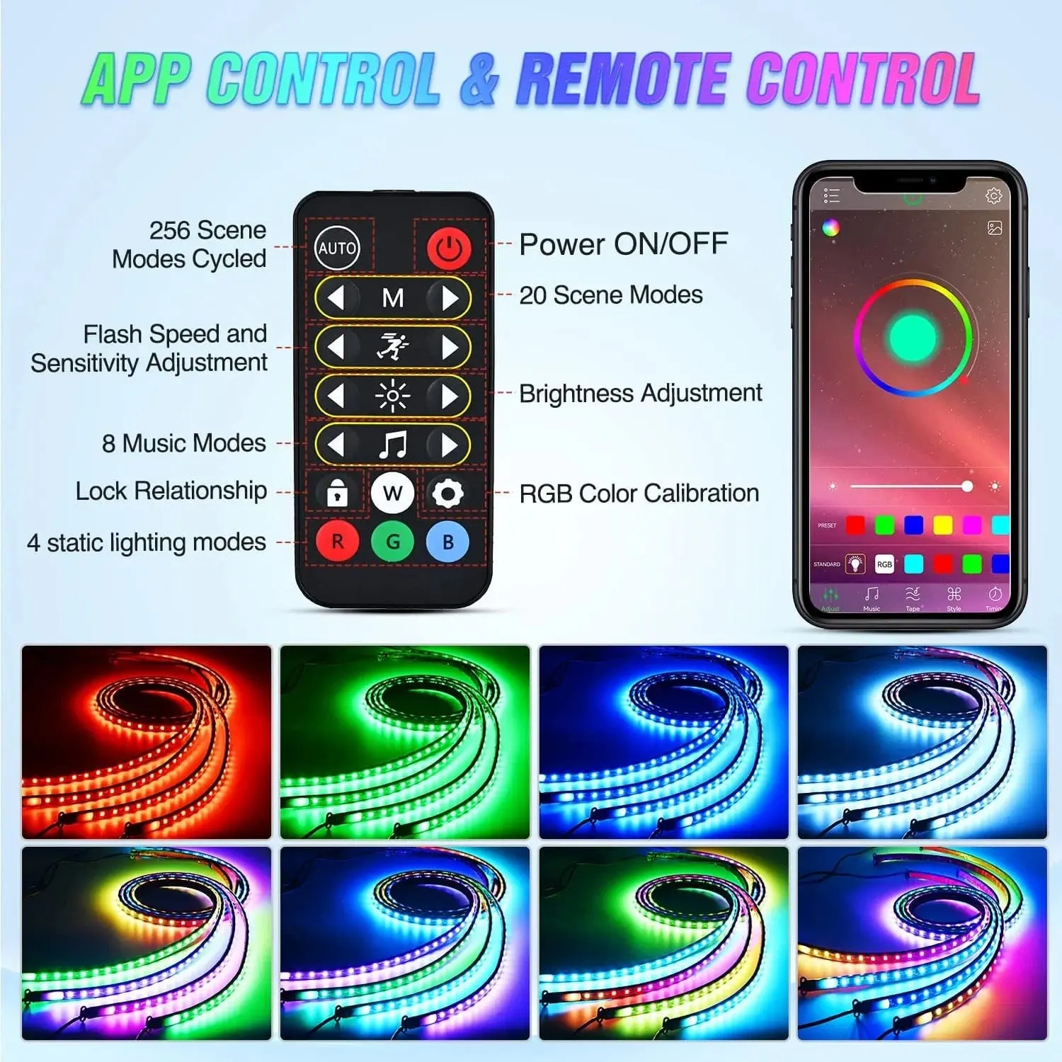 256Leds RGBIC Underglow Neon APP Remote Control Led Strip Light 4PCS
