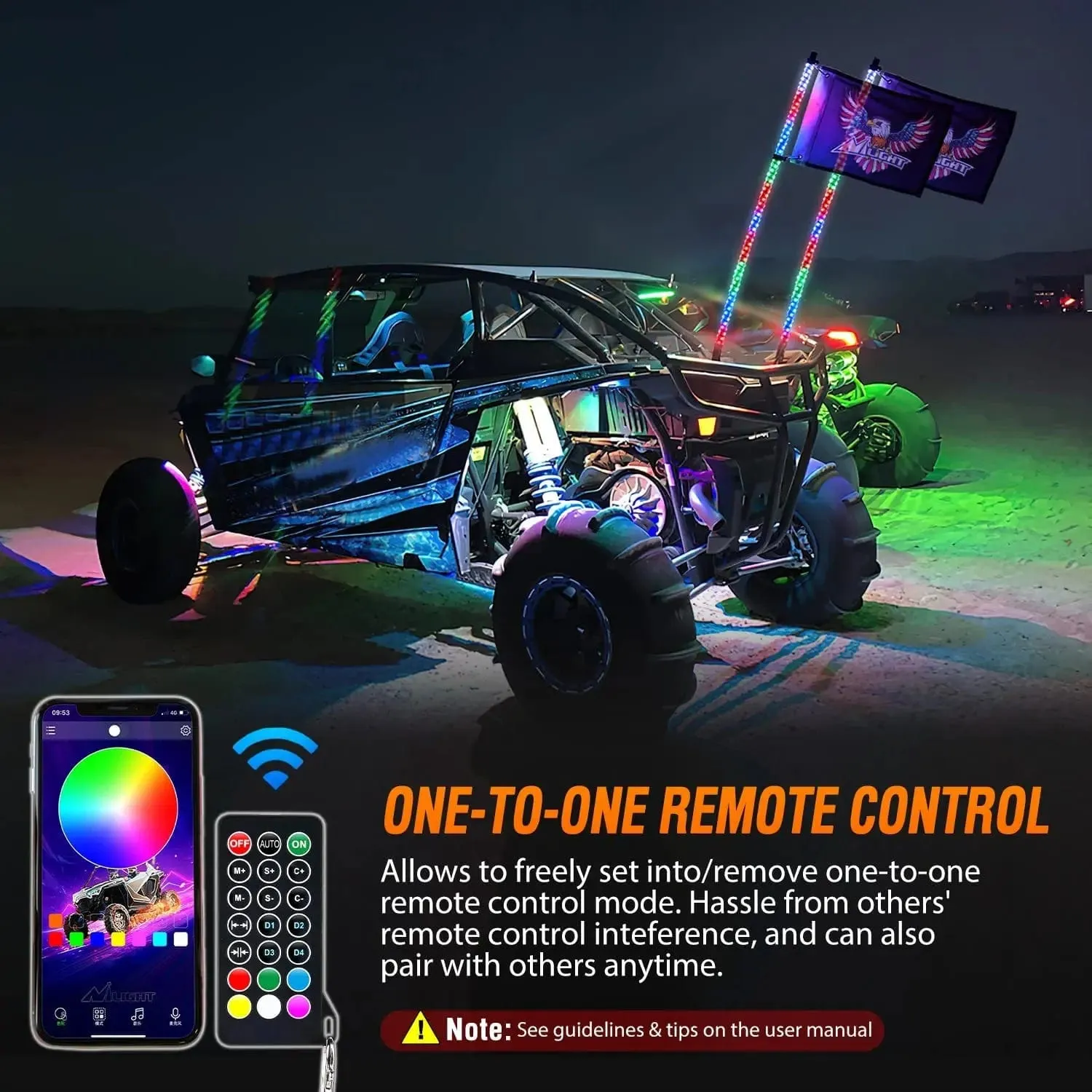 2Pcs 4FT Spiral Antenna Bluetooth Remote App Control Led Whip Light | 10FT Wire 5Pin Switch