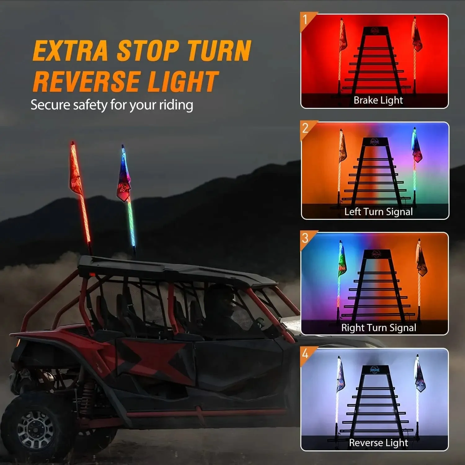 2Pcs 4FT Spiral Antenna Bluetooth Remote App Control Led Whip Light | 10FT Wire 5Pin Switch