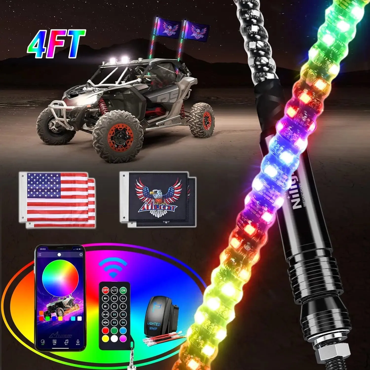 2Pcs 4FT Spiral Antenna Bluetooth Remote App Control Led Whip Light | 10FT Wire 5Pin Switch