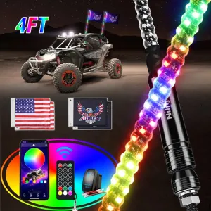 2Pcs 4FT Spiral Antenna Bluetooth Remote App Control Led Whip Light | 10FT Wire 5Pin Switch