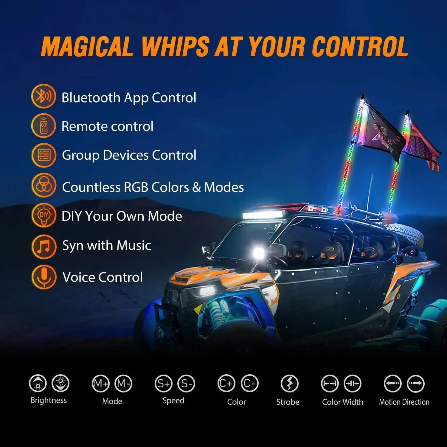 2Pcs 4FT Spiral Antenna Bluetooth Remote App Control Led Whip Light | 10FT Wire 5Pin Switch
