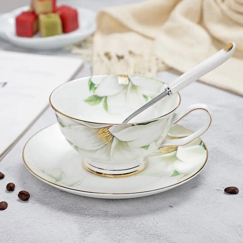Floral Pattern Porcelain Tea Cup, Saucer and Spoon