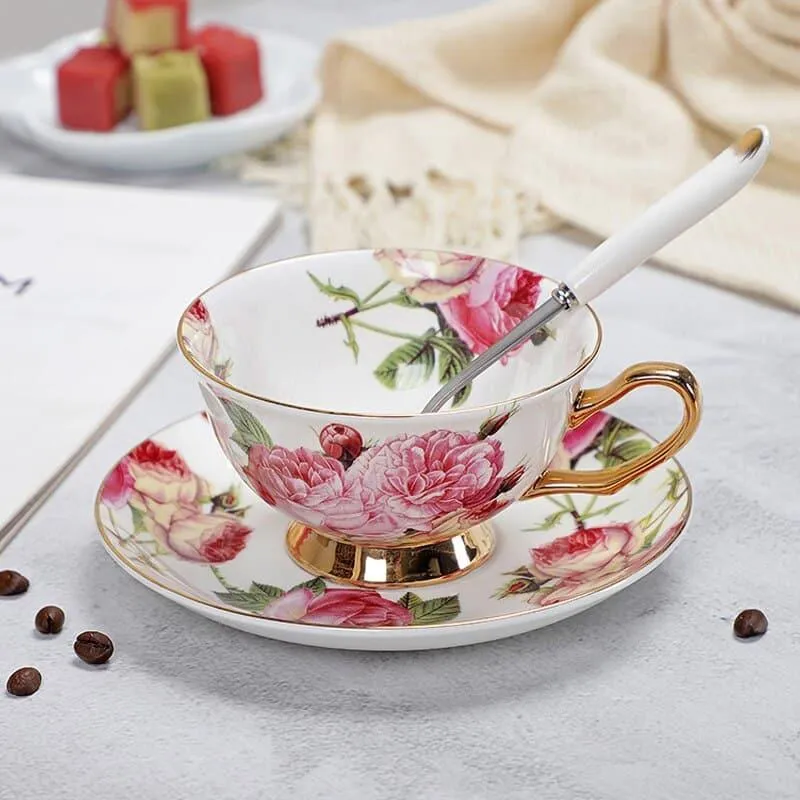 Floral Pattern Porcelain Tea Cup, Saucer and Spoon