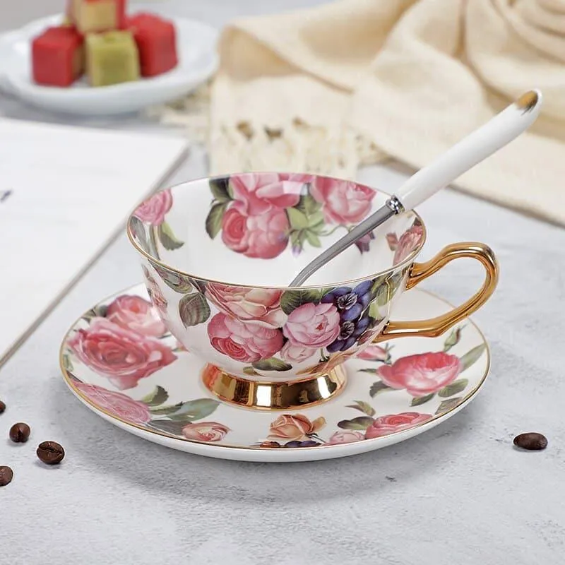 Floral Pattern Porcelain Tea Cup, Saucer and Spoon