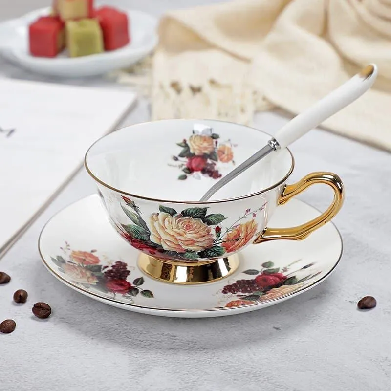 Floral Pattern Porcelain Tea Cup, Saucer and Spoon