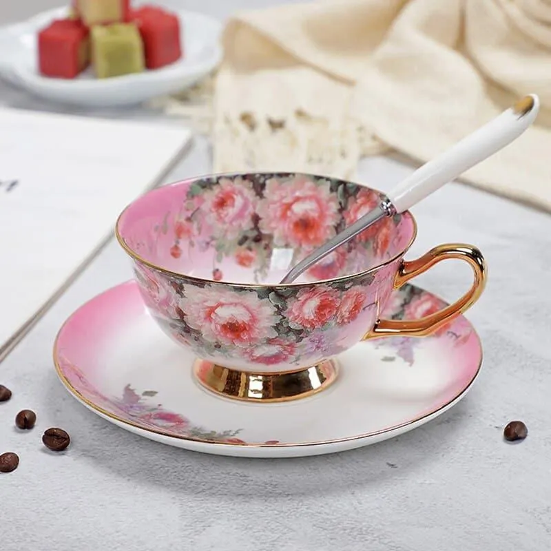 Floral Pattern Porcelain Tea Cup, Saucer and Spoon