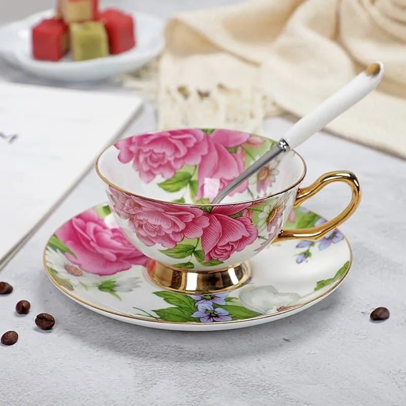 Floral Pattern Porcelain Tea Cup, Saucer and Spoon