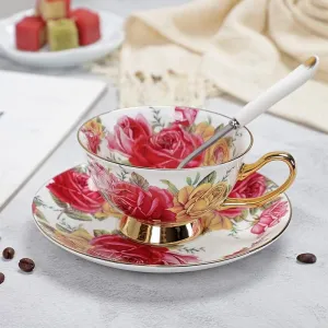 Floral Pattern Porcelain Tea Cup, Saucer and Spoon