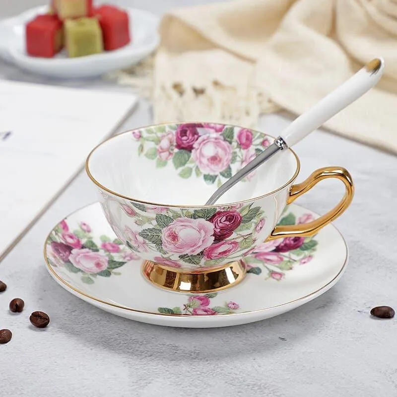 Floral Pattern Porcelain Tea Cup, Saucer and Spoon