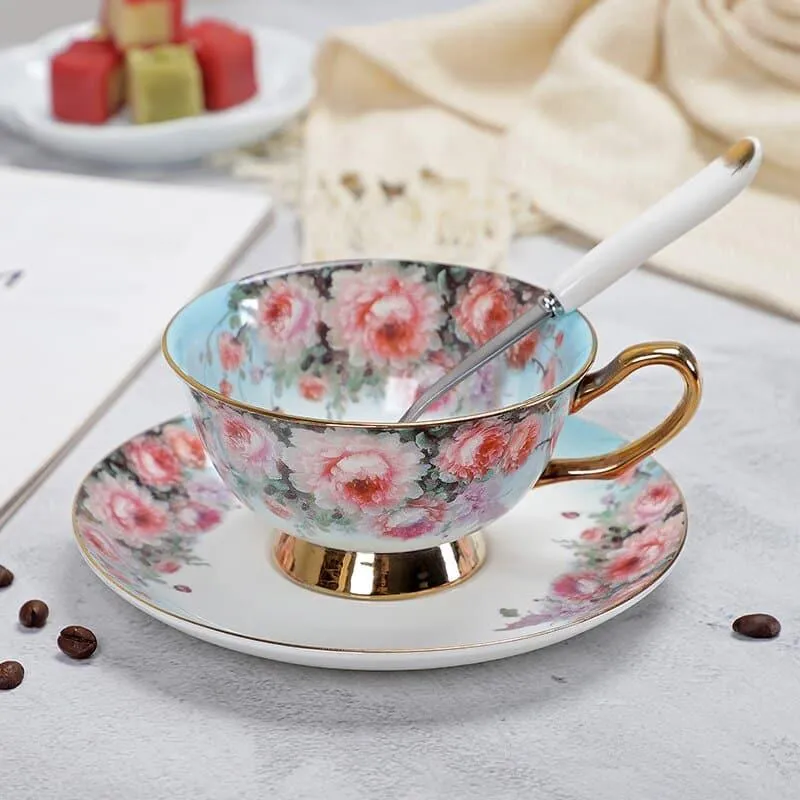 Floral Pattern Porcelain Tea Cup, Saucer and Spoon