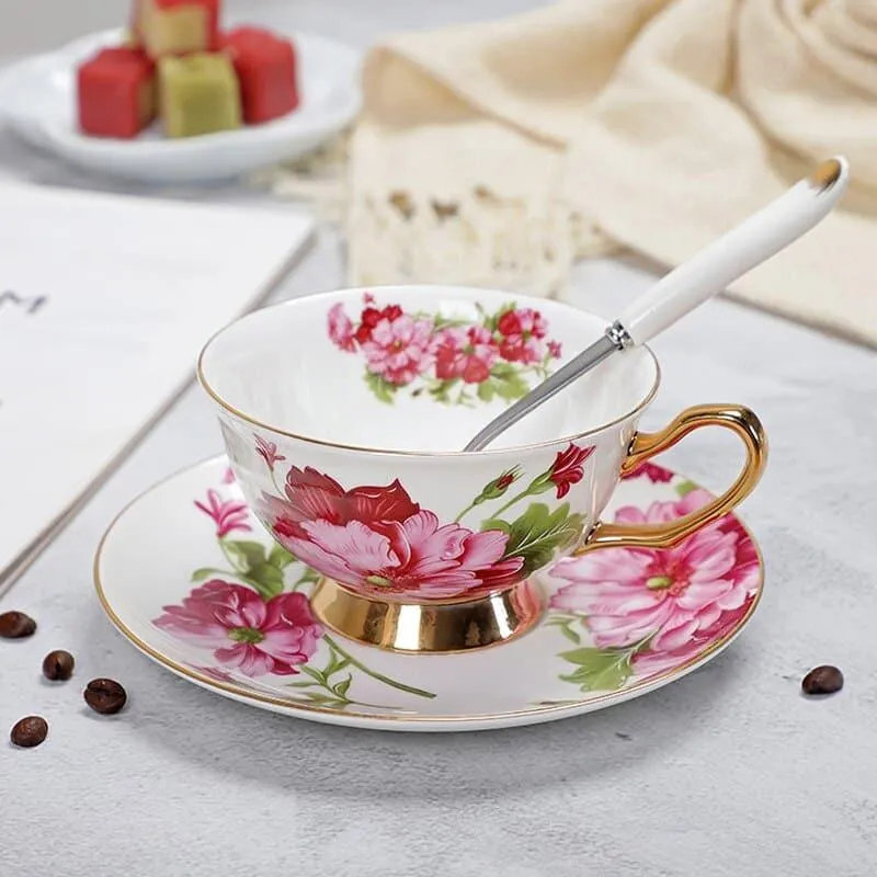 Floral Pattern Porcelain Tea Cup, Saucer and Spoon