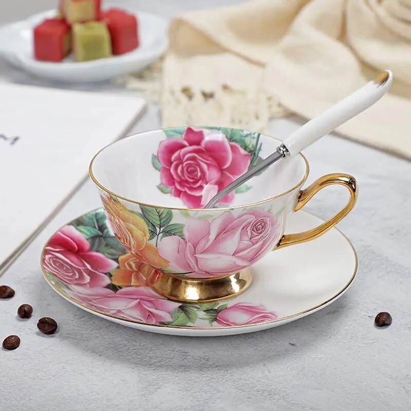 Floral Pattern Porcelain Tea Cup, Saucer and Spoon