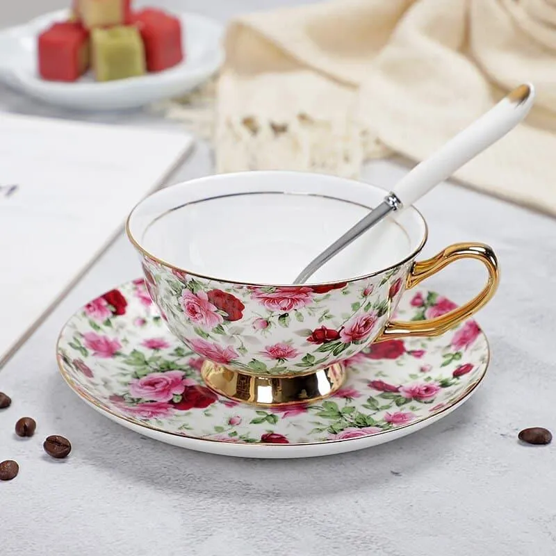 Floral Pattern Porcelain Tea Cup, Saucer and Spoon