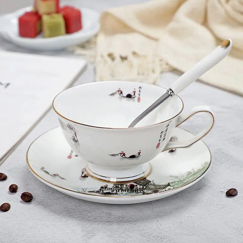 Floral Pattern Porcelain Tea Cup, Saucer and Spoon