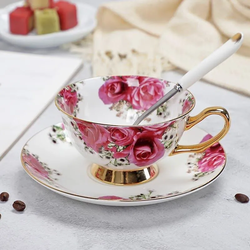 Floral Pattern Porcelain Tea Cup, Saucer and Spoon