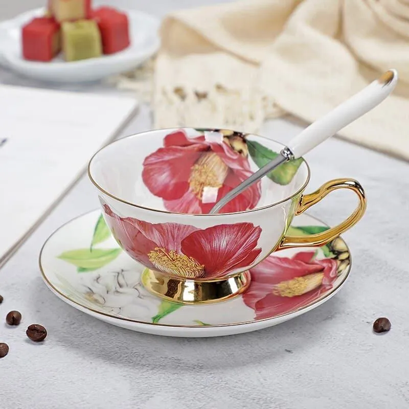 Floral Pattern Porcelain Tea Cup, Saucer and Spoon