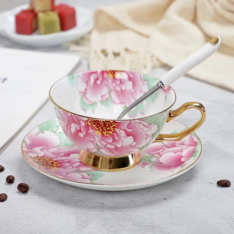Floral Pattern Porcelain Tea Cup, Saucer and Spoon