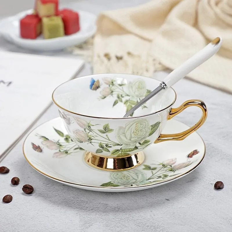Floral Pattern Porcelain Tea Cup, Saucer and Spoon