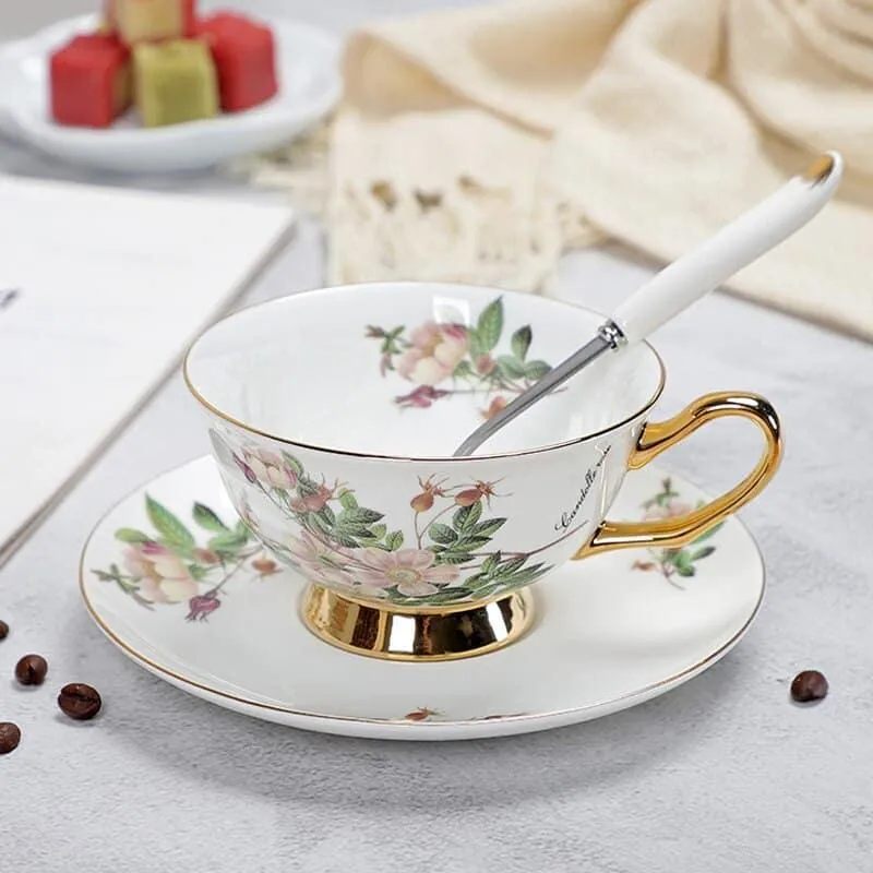 Floral Pattern Porcelain Tea Cup, Saucer and Spoon