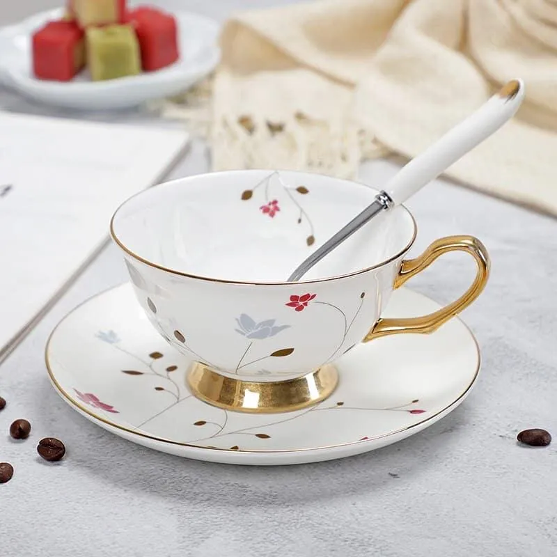 Floral Pattern Porcelain Tea Cup, Saucer and Spoon