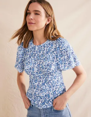 Flutter Sleeve Top-Porcelain Blue, Pansy Bloom