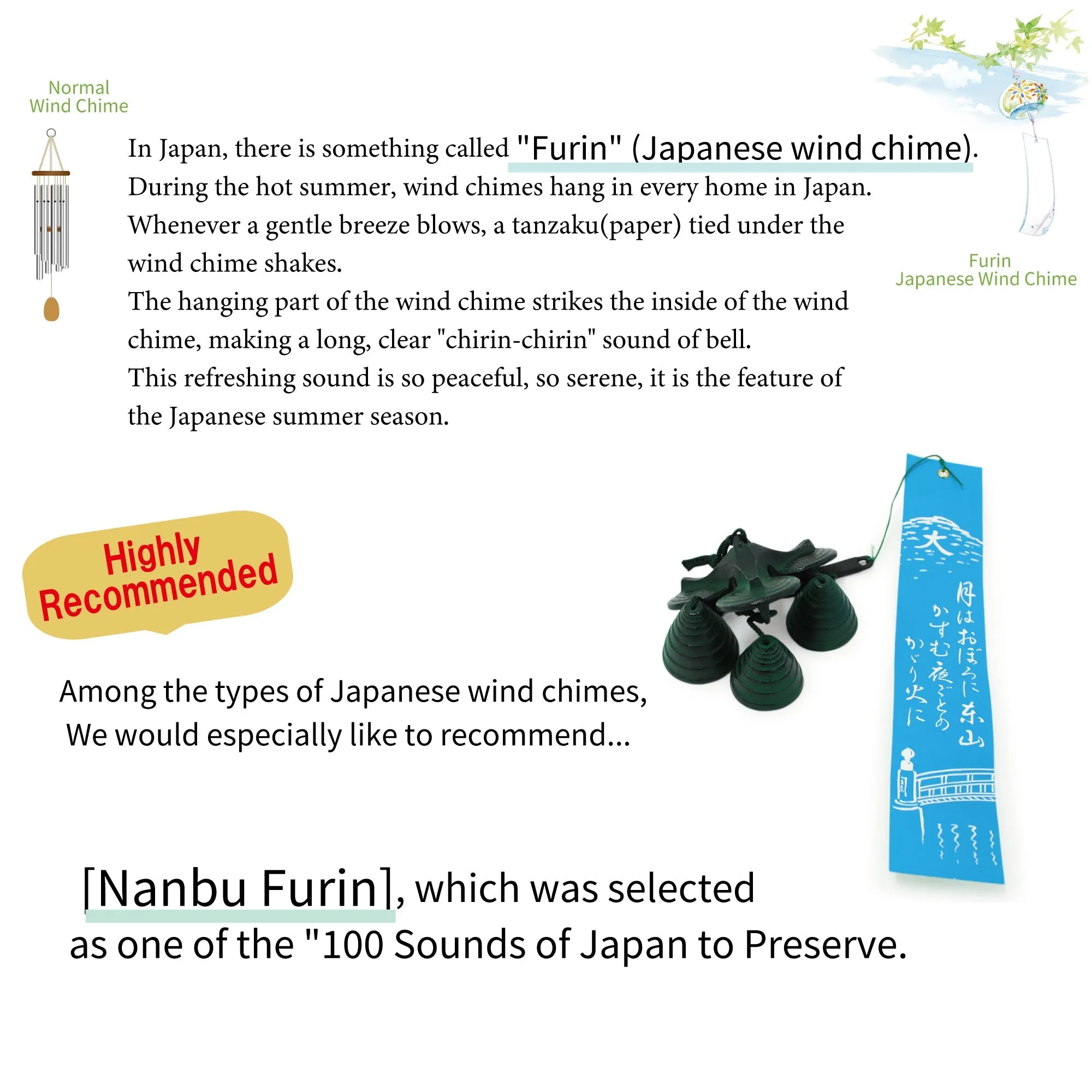 Furin,Japanese Wind Chime Nanbu Cast Iron Handcraft, 3 Small Bells