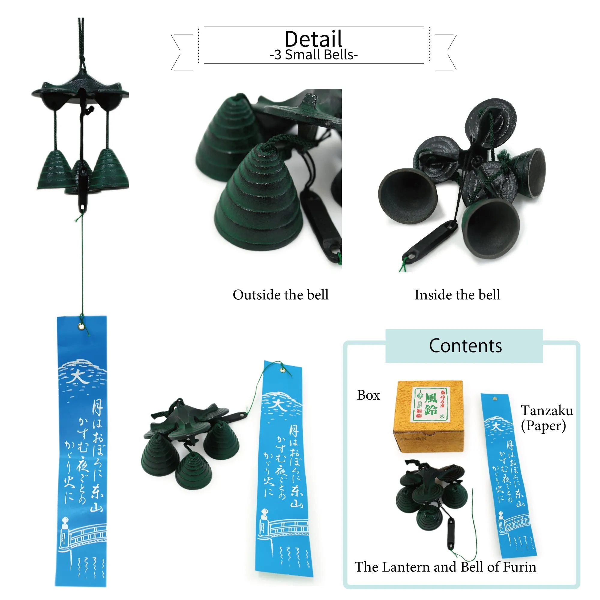 Furin,Japanese Wind Chime Nanbu Cast Iron Handcraft, 3 Small Bells