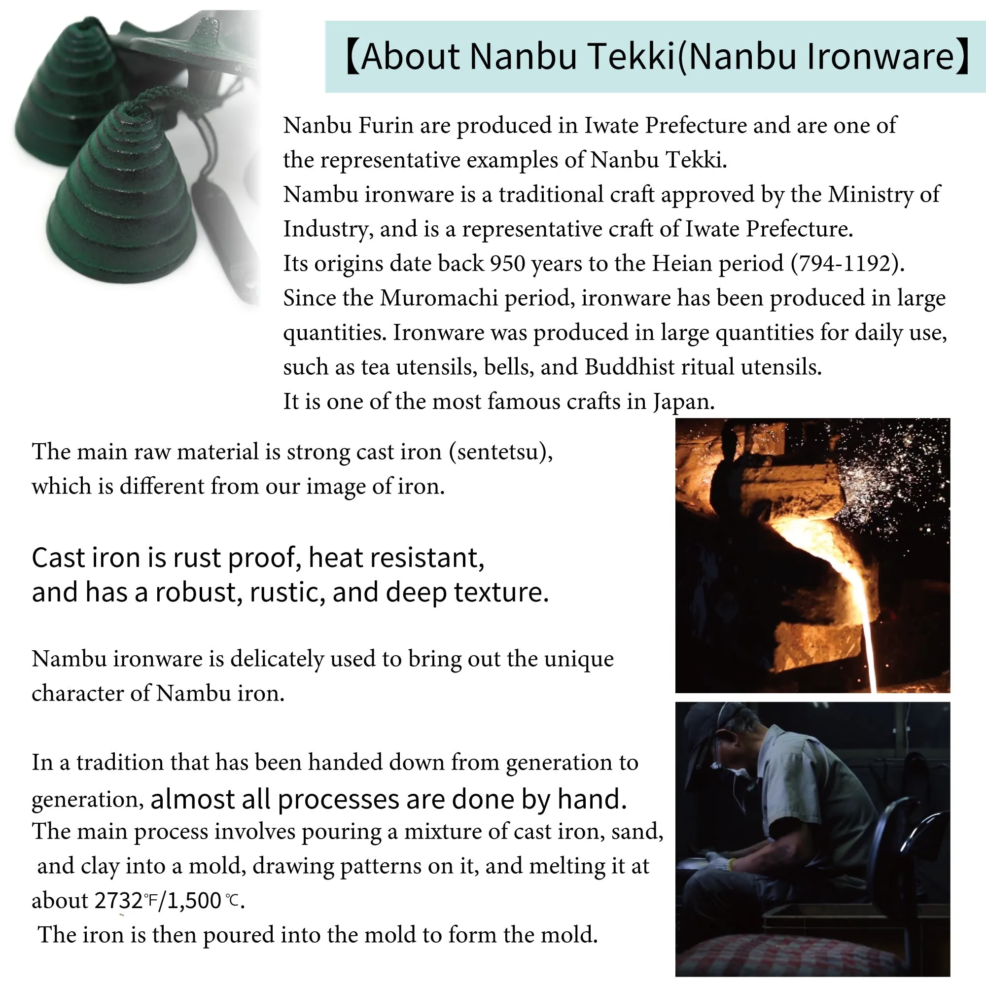 Furin,Japanese Wind Chime Nanbu Cast Iron Handcraft, 3 Small Bells