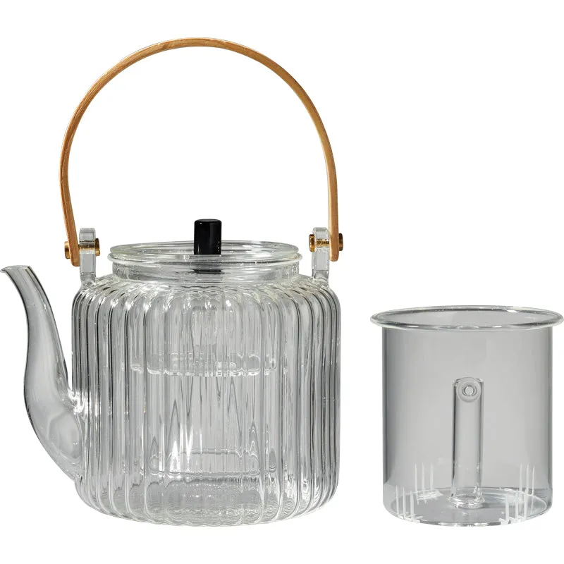 Modern Oriental Glass Tea Pot Set With Bamboo Handle